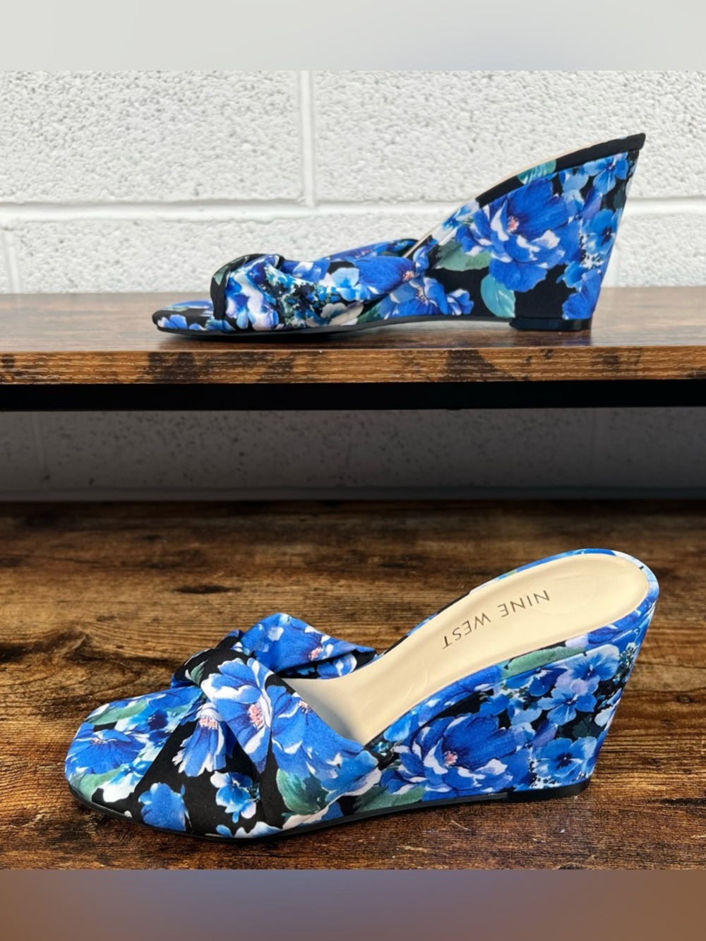 Nine West Sandals Blue Floral Wedge Heel Open Toe Slip On Nudia2 Women's 7 - Picture 7 of 10